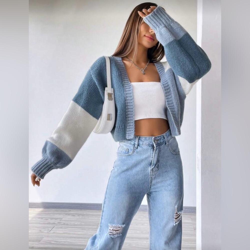 Colorblock Blue and White Women's Sweater